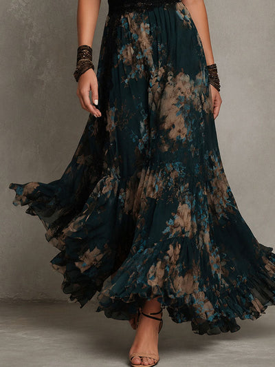 Maura | Vestido largo floral con escote en V de encaje, banda en la cintura y falda de volantes