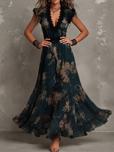 Maura | Vestido largo floral con escote en V de encaje, banda en la cintura y falda de volantes