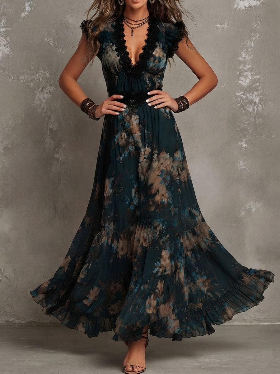 Maura | Vestido largo floral con escote en V de encaje, banda en la cintura y falda de volantes