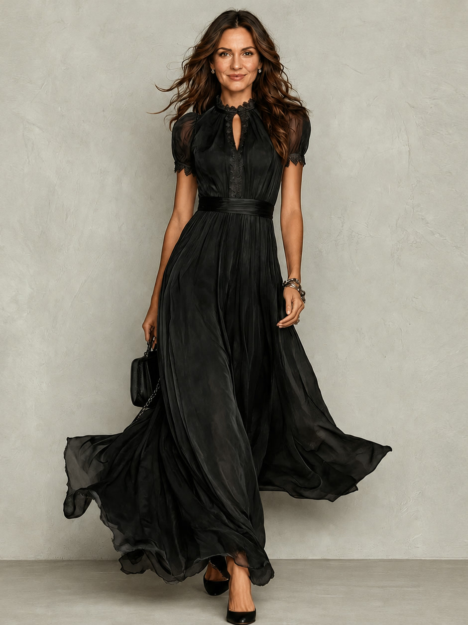 Vanda | Vestido largo con cuello de encaje, cinturón en la cintura y falda fluida