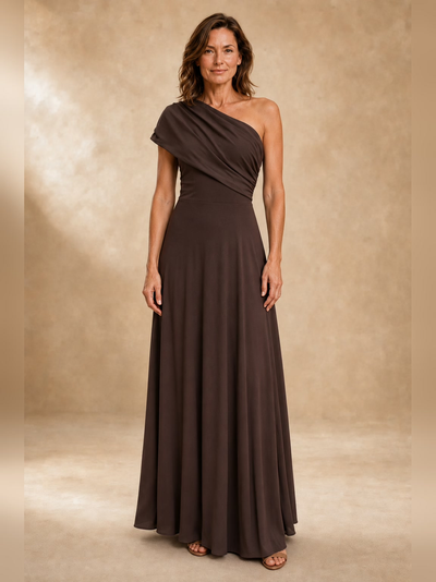 Elda | Vestido largo con escote drapeado y falda acampanada, chocolate