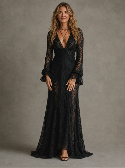 Assunta | Vestido largo de encaje con escote en V pronunciado y mangas acampanadas, negro